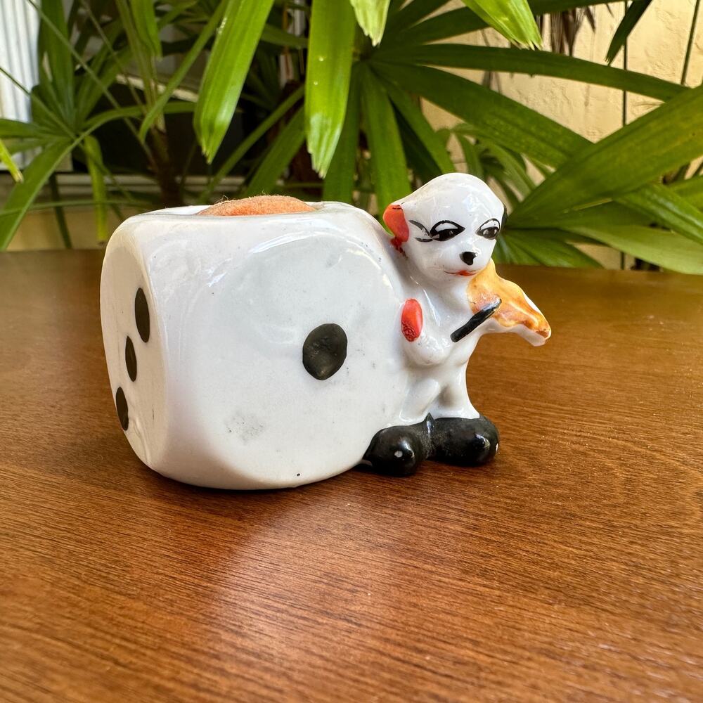 Vintage Dog with Violin Dice Pin Cushion Ceramic Made in Japan